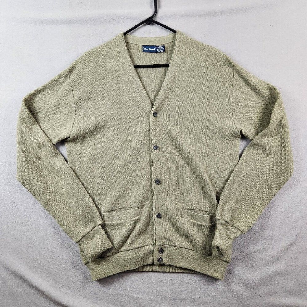 Vtg PAR FOUR Men's Cardigan Grandpa Sweater Size L 42-44 Acrylic Golf Green USA